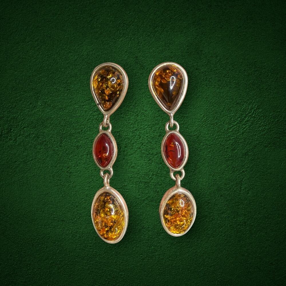 Vintage Baltic Amber 925 Sterling Silver Dangle Drop Earrings Multicolor